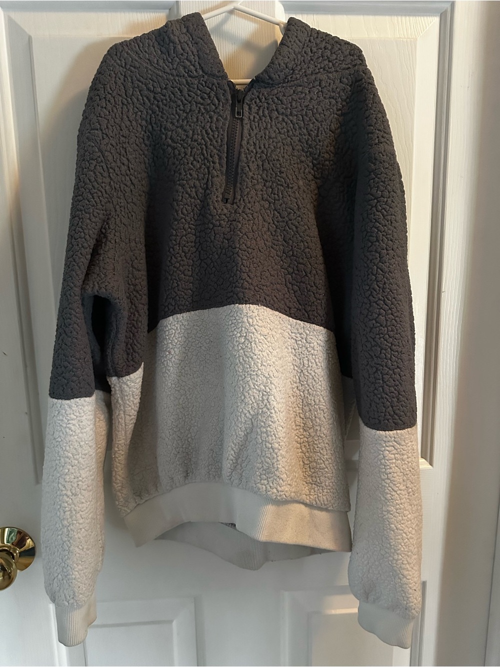 Girl’s Two-Tone Half-Zip Sherpa Pullover - Charcoal and Cream